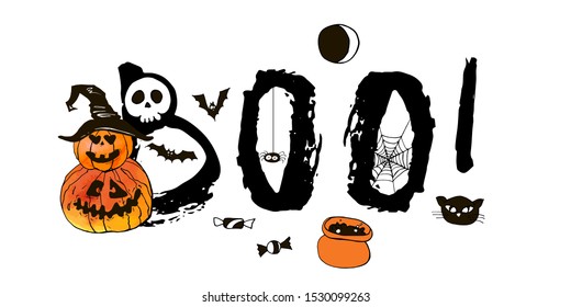 Happy halloween greeting card. Vector stock set. Cute cartoons with BOO lettering. Holiday background. Hand drawn design elements. For postcards, greetings, logo.
