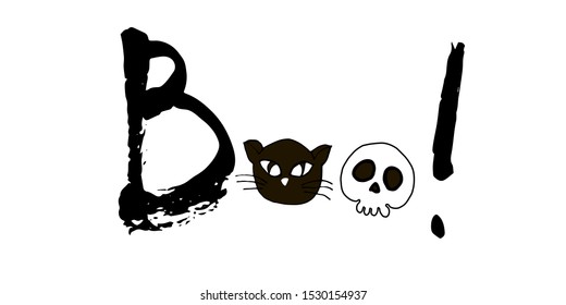 Happy halloween greeting card. Vector stock set. Cute cartoons with BOO lettering. Holiday background. Hand drawn design elements. For postcards, greetings, logo.