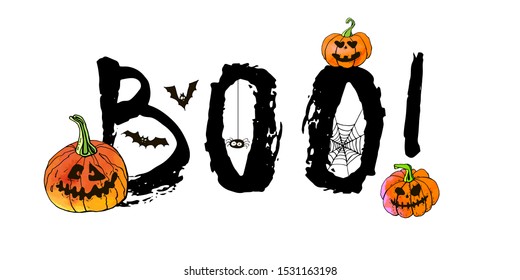 Happy halloween greeting card. Vector stock set. Cute cartoons with BOO lettering. Holiday background. Hand drawn design elements. For postcards, greetings, logo.
