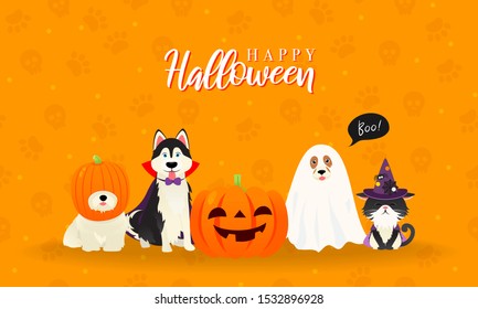 Happy Halloween Greeting Card Vector illustration. Cute cat and dogs in halloween pet costume