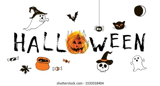 Happy halloween greeting card. Vector stock set. Cute cartoons with lettering. Holiday background. Hand drawn design elements. For postcards, greetings, logo. 
