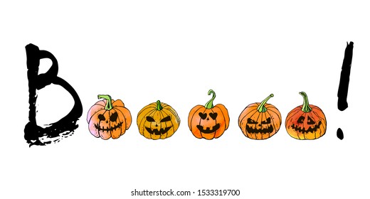 Happy halloween greeting card. Vector stock set. Cute cartoons with BOO lettering. Holiday background. Hand drawn design elements. For postcards, greetings, logo.