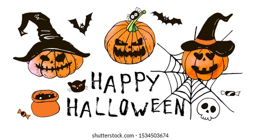 Happy halloween greeting card. Vector stock set. Cute cartoons with lettering. Holiday background. Hand drawn design elements. For postcards, greetings, logo. 
