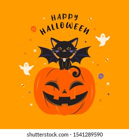 Happy Halloween greeting card vector illustration. Devil black cat sitting on pumpkin