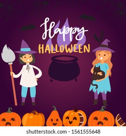 Happy Halloween greeting card, vector illustration. Girls witches in a fancy dress with pumpkins, cat, broom and magic cauldron for Halloween. Trick or treat