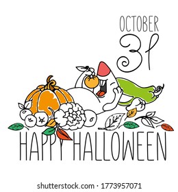 Happy Halloween greeting card vector, mouse with vegetables, October 31. Drawing, sketch, hand drawing, for invitations, sales ads, for a calendar for a month