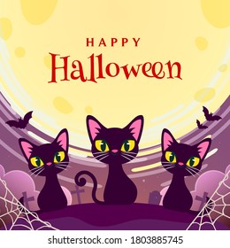 Happy Halloween greeting card vector illustration. Cut 3 black cats in the graveyard on full moon background