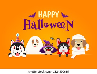 Happy Halloween Greeting Card Vector Illustration. Cute Cat And Dogs In Halloween Pet Costume On Orange Background	