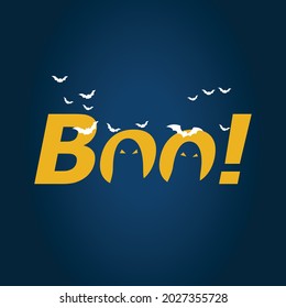 Happy Halloween greeting card vector illustration, Boo! with ghost and flying bat on blue background.