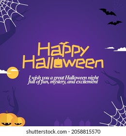 Happy Halloween greeting card. Halloween vector illustration with spider webs, bats, graves, tree branches, and pumpkins.
