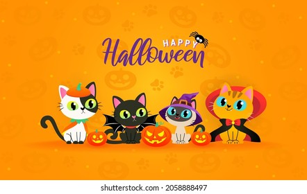 Happy Halloween Greeting Card Vector illustration. Cute cat in halloween pet costume on orange pattern background