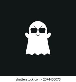 Happy Halloween greeting card vector illustration, Boo! with flying ghost and spider web on orange background.	