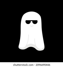 Happy Halloween greeting card vector illustration, Boo! with flying ghost and spider web on orange background.	