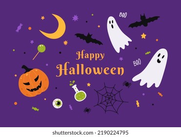 Happy Halloween greeting card. Vector cute cartoon illustration. Banner with pumpkin, ghosts, bats, moon and potion. Purple background