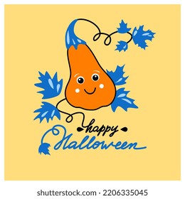 Happy Halloween greeting card. Vector illustration. Cute cartoon smiling pumpkin.