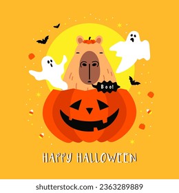 Happy Halloween greeting card vector illustration. Capybara in Halloween basket