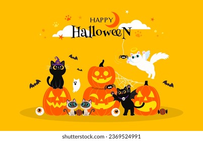 Happy Halloween greeting card vector illustration. Cats in Halloween costumes play with jack o lantern pumpkins.