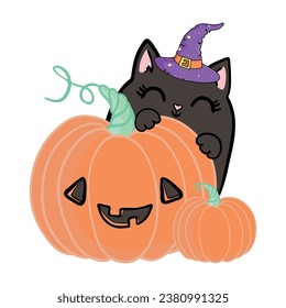 Happy Halloween greeting card vector illustration. Devil black cat sitting on pumpkin