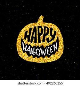 Happy Halloween greeting card vector design. Festive banner for 31 October night party with lettering on golden pumpkin and dark background.