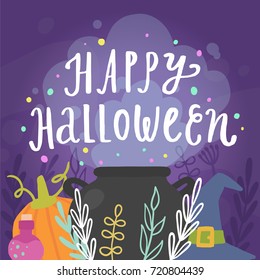 Happy Halloween greeting card. Vector cartoon illustration. Caldron, witches hat, pumpkin 