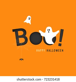 Happy Halloween Greeting Card Vector Illustration, Boo! With Flying Ghost And Spider Web On Orange Background.