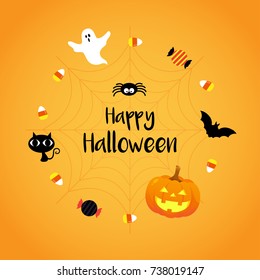 Happy Halloween greeting card vector illustration. Spooky ghost with Halloween elements on orange background.