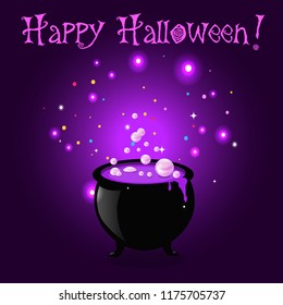Happy Halloween greeting card. Witch cauldron with boiling sparkling potion and inscription on purple background. Vector cartoon illustration, invitation, witch symbol. Element for flyer, postcard