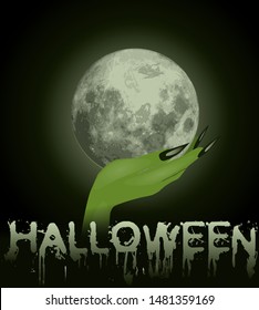 Happy halloween greeting card with witch hand and moon, vector illustration
