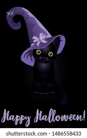 Happy Halloween greeting card. Witch black cat, vector illustration