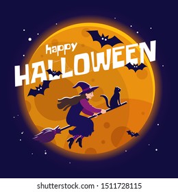 Happy Halloween greeting card of witch and black cat flying on a broomstick on the full moon. Flat style hand drawn vector illusrtation. 