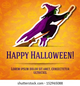 Happy halloween greeting card with witch on the broom sticker cut from the paper and placed between ribbon and background. On the bright halloween texture with bats, witches, hats, spiders, pumpkins. 