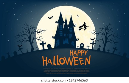 Happy Halloween Greeting Card. Witch flying over cemetery near old castle. Mystic night with full moon. Template for advertising brochure. Vector illustration