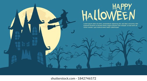 Happy Halloween Greeting Card. Witch flying over cemetery near old castle. Mystic night with full moon. Template for advertising brochure. Vector illustration