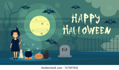 Happy Halloween Greeting Card Witch At Night On Cemetery Graveyard With Pumpkin Banner Flat Vector Illustration