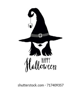 Feliz regalo de Halloween con bruja en el sombrero. Ilustración vectorial en blanco y negro. Elementos de diseño para el evento de Halloween.