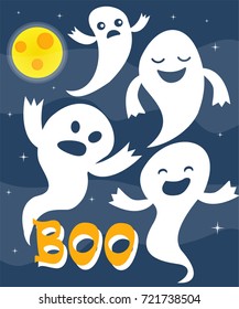 Happy Halloween greeting card with word BOO, ghosts set, moon, vector illustration. Flying ghosts on night sky background