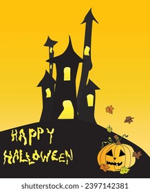 Happy Halloween greeting card, yellow background with black drawings castle on the top of the hill
