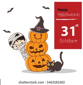 Happy Halloween Greeting card. Young Mummy boy behind triple of carved smile pumpkin and cute black cat. surrounded by bats. 