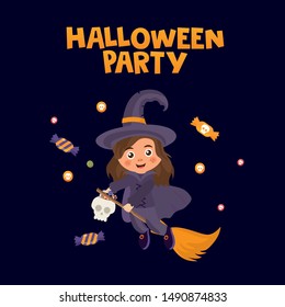 Happy Halloween greeting card. Young witch girl in festive costume flying on a broomstick. Greeting card or invitation for Halloween party. Trick or treat.