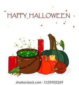 Happy Halloween greeting card.Hand drawn Halloween traditional symbols .  pumpkin, magic potion pot. candles. Isolated vector. Perfect for greeting cards, party invitations, posters, stickers, pin,