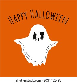 Happy Halloween greeting card.post face book ,instagram , ghost, spider, eyes. Funny Cute cartoon character. Flat design. Orange background 
