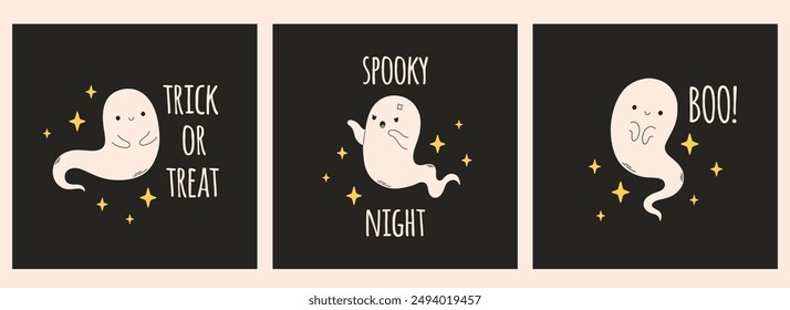 Happy Halloween greeting cards. Cute ghost characters. Halloween phantoms, spirits. Vector illustration in flat style