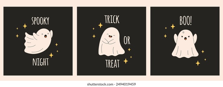 Happy Halloween greeting cards. Cute ghost characters. Halloween phantoms, spirits. Vector illustration in flat style