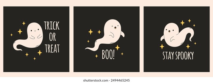 Happy Halloween greeting cards. Cute ghost characters. Halloween phantoms, spirits. Vector illustration in flat style