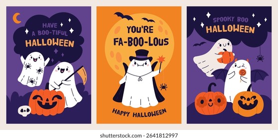 Happy halloween greeting cards. Funny pumpkins with carved faces and white ghosts, kids holiday party, cute monsters, spooky characters, posters design, garish vector cartoon isolated set