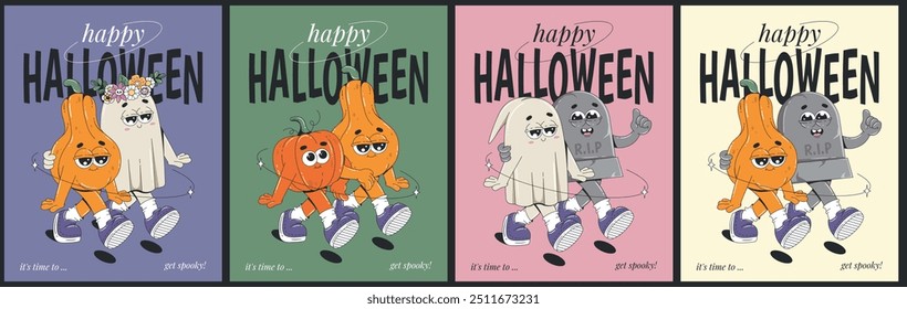 Happy halloween greeting cards with groovy cartoon characters. Poster set for advertising, web, social media. Ghost, pumpkin, tombstone characters. 