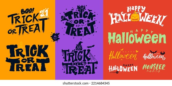 Happy halloween greeting cards lettering set. Halloween lettering phrases set. Halloween greeting card calligraphy. Trick or treat lettering. Hand drawn vector, creepy, spooky elements, sketch, icon.