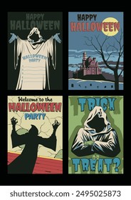 Happy Halloween Greeting Cards, Halloween Party Posters, Covers Template. Grim Reapers, Haunted Mansion, Night Scene