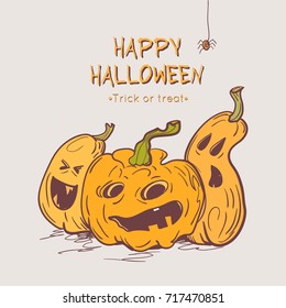 Happy Halloween greeting cards with pumpkins and spider. Colorful template for Halloween design. Vector illustration.
