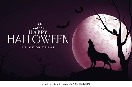Happy Halloween greeting clipart banner design. Halloween trick or treat text clip art for horror party invitation card template with wolf, bat and owl in scary graveyard moon background vector